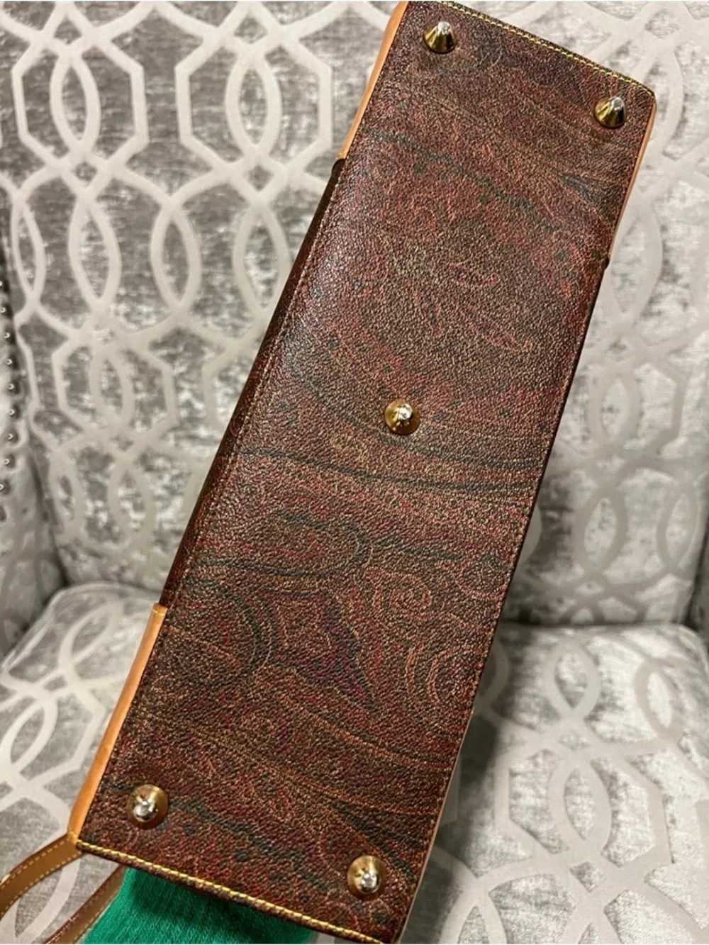 Etro Paisley Top Handle Bag Brown Leather Crossbody Italy Vintage - Picture 5 of 10